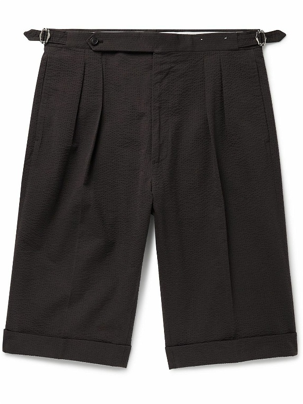 Photo: De Petrillo - Slim-Fit Pleated Cotton-Blend Seersucker Shorts - Brown