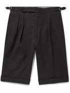 De Petrillo - Slim-Fit Pleated Cotton-Blend Seersucker Shorts - Brown