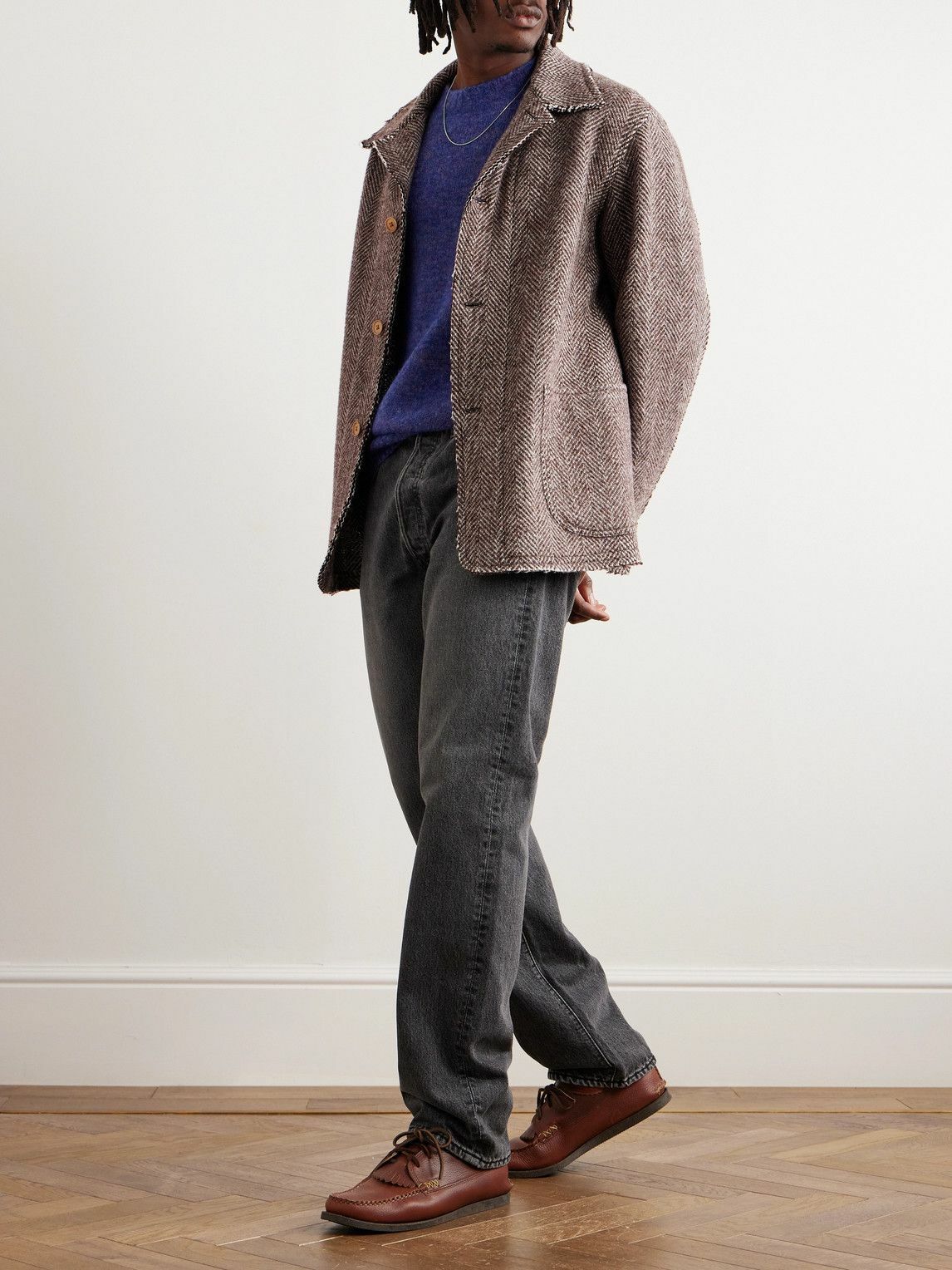 Kaptain Sunshine - Distressed Herringbone Wool Tweed Coat - Brown