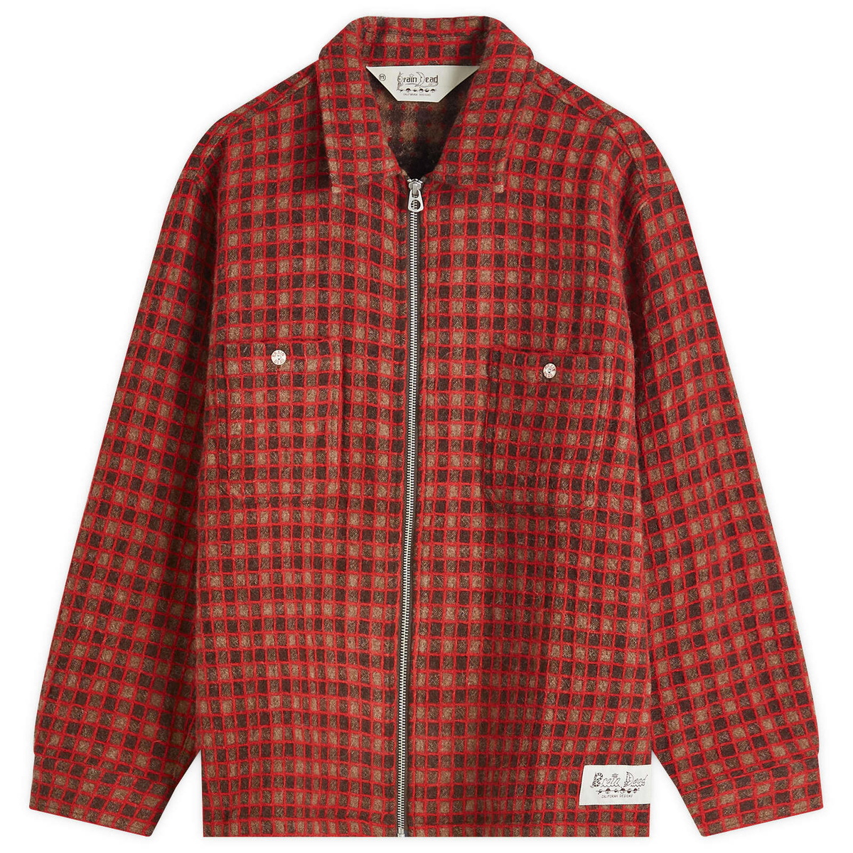 Brain Dead Men's Check Mate Flannel Zip Overshirt in Brown Brain Dead