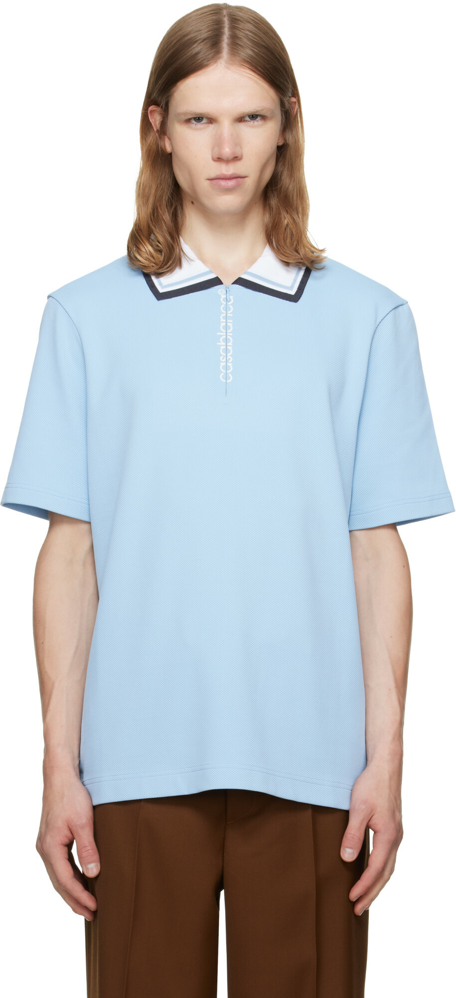 Casablanca Blue Round Pique Zip Polo