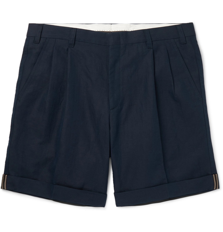 Photo: Brioni - Pleated Linen and Cotton-Blend Twill Bermuda Shorts - Blue