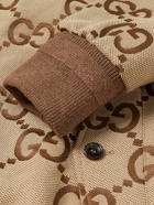 GUCCI - Logo-Jacquard Leather-Trimmed Cotton-Blend Canvas Bomber Jacket - Brown