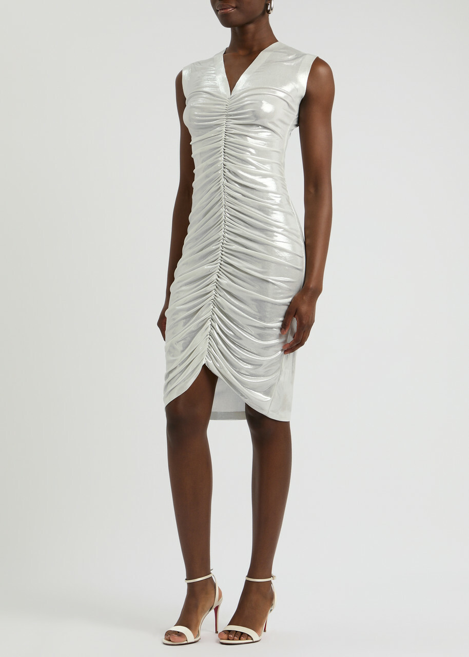 Norma Kamali Metallic Ruched Stretch-jersey Mini Dress Silver