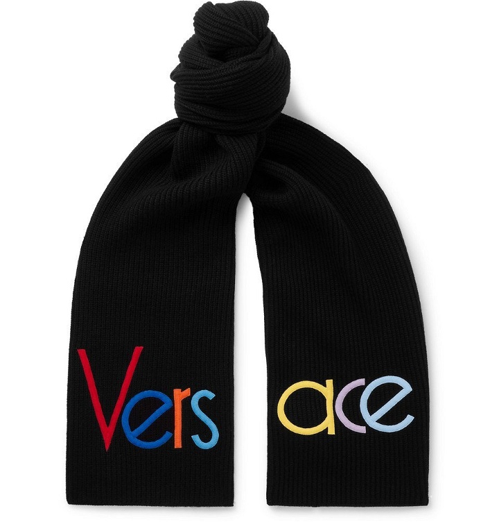 Photo: Versace - Logo-Embroidered Ribbed Wool Scarf - Men - Black