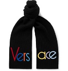 Versace - Logo-Embroidered Ribbed Wool Scarf - Men - Black