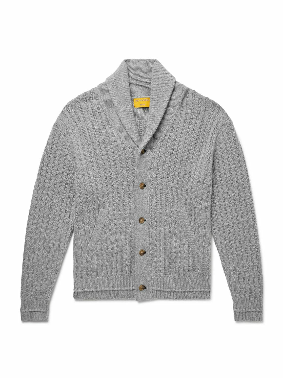 Guest In Residence - Varsity Shawl-Collar Ribbed Wool and Cashmere-Blend Cardigan - Gray