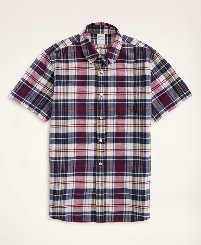 Photo: Brooks Brothers Men's Regent Regular-Fit Sport Shirt, Short-Sleeve Madras | Burgundy