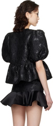 GANNI Black Satin Peplum Tie Blouse