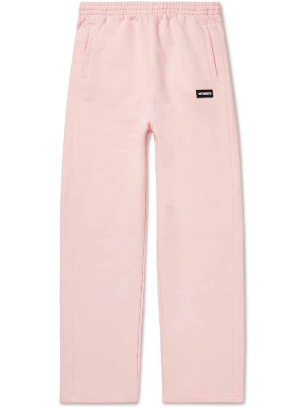Photo: VETEMENTS - Logo-Appliquéd Cotton-Blend Jersey Sweatpants - Pink