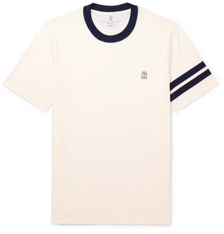 Photo: Brunello Cucinelli - Slim-Fit Logo-Embroidered Striped Cotton-Jersey T-Shirt - White