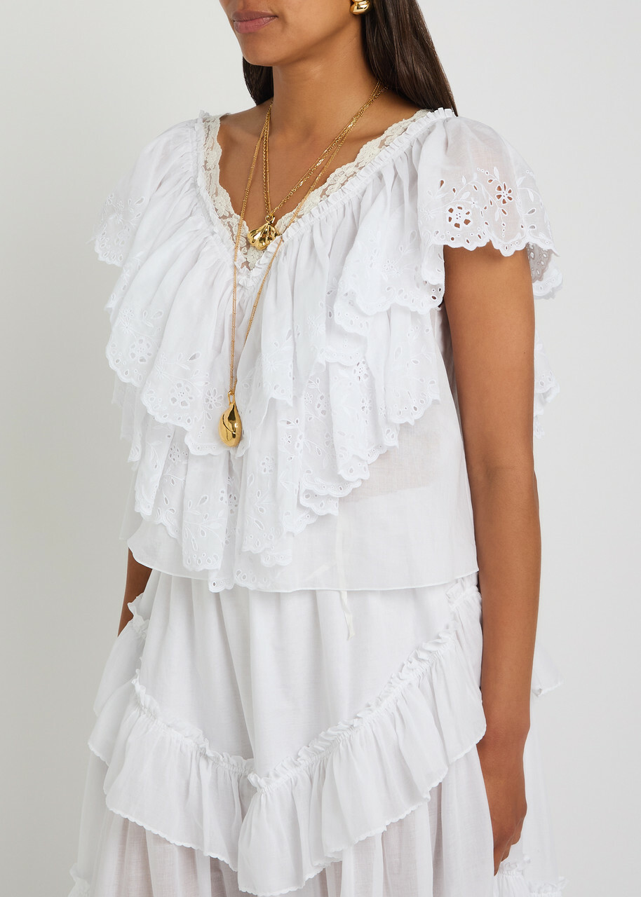 Chloe Embroidered Ruffled Cropped Cotton top White