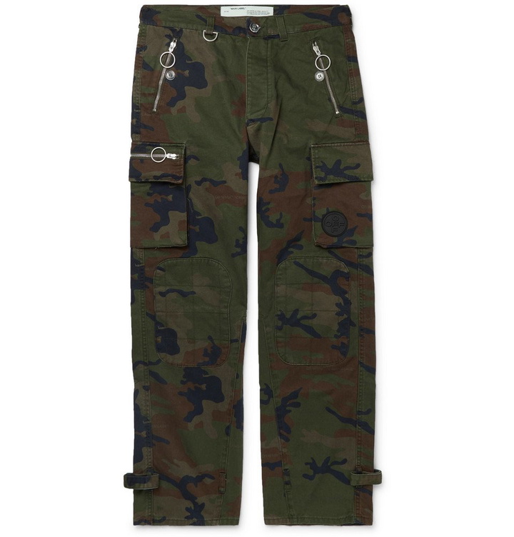 Photo: Off-White - Logo-Embellished Camouflage-Print Cotton-Twill Cargo Trousers - Green