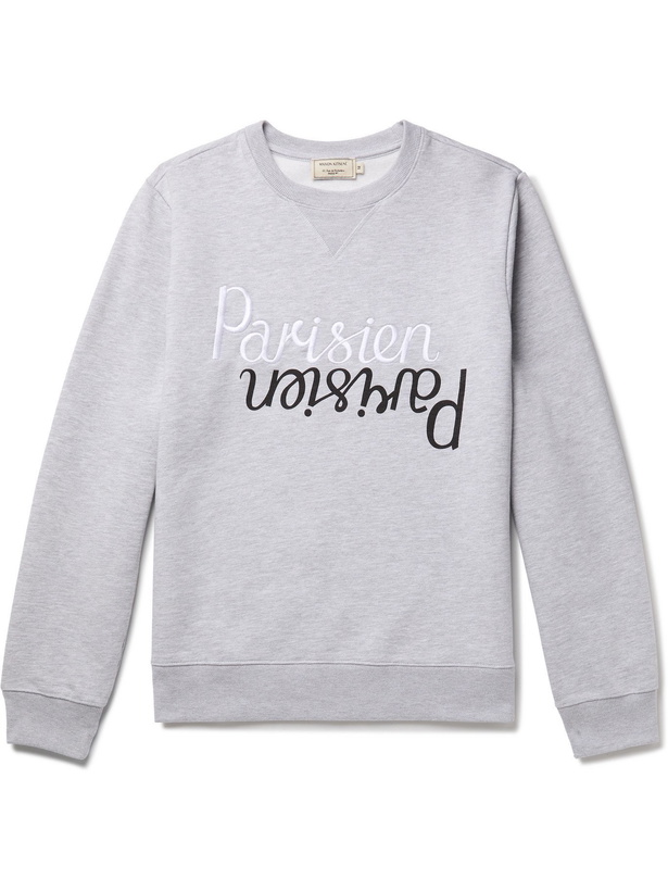 Photo: MAISON KITSUNÉ - Embroidered Printed Fleece-Back Cotton-Jersey Sweatshirt - Gray - XS