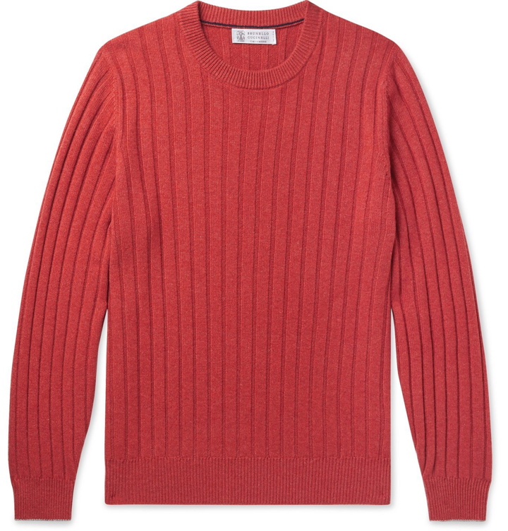 Photo: Brunello Cucinelli - Slim-Fit Ribbed Virgin Wool, Cashmere and Silk-Blend Sweater - Red