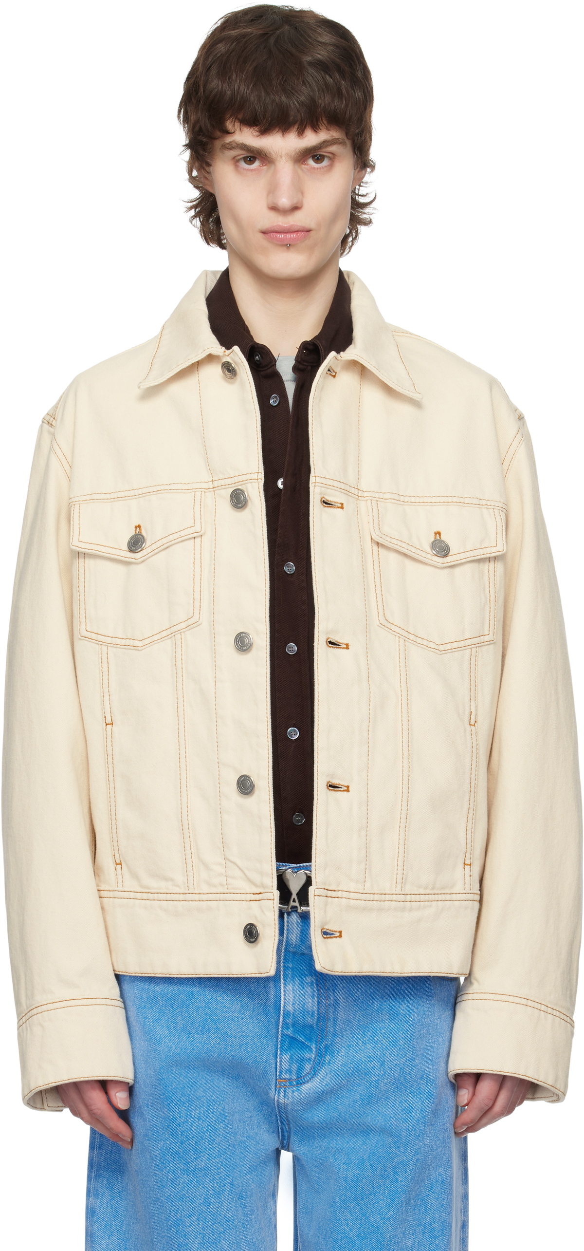 AMI Paris Off-White Cotton 'Ami Paris' Trucker Denim Jacket