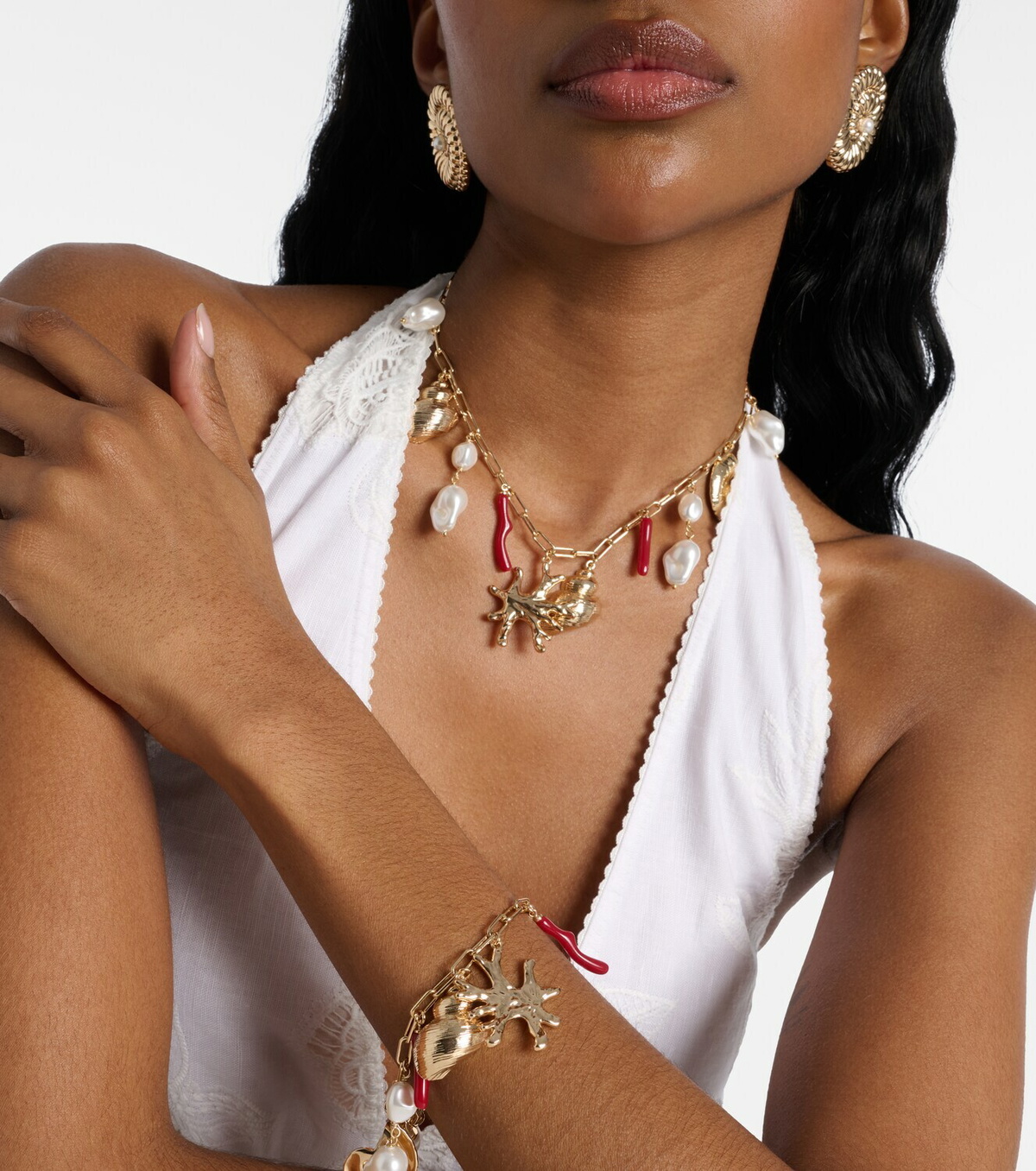 Self-Portrait Faux pearl-embellished charm necklace