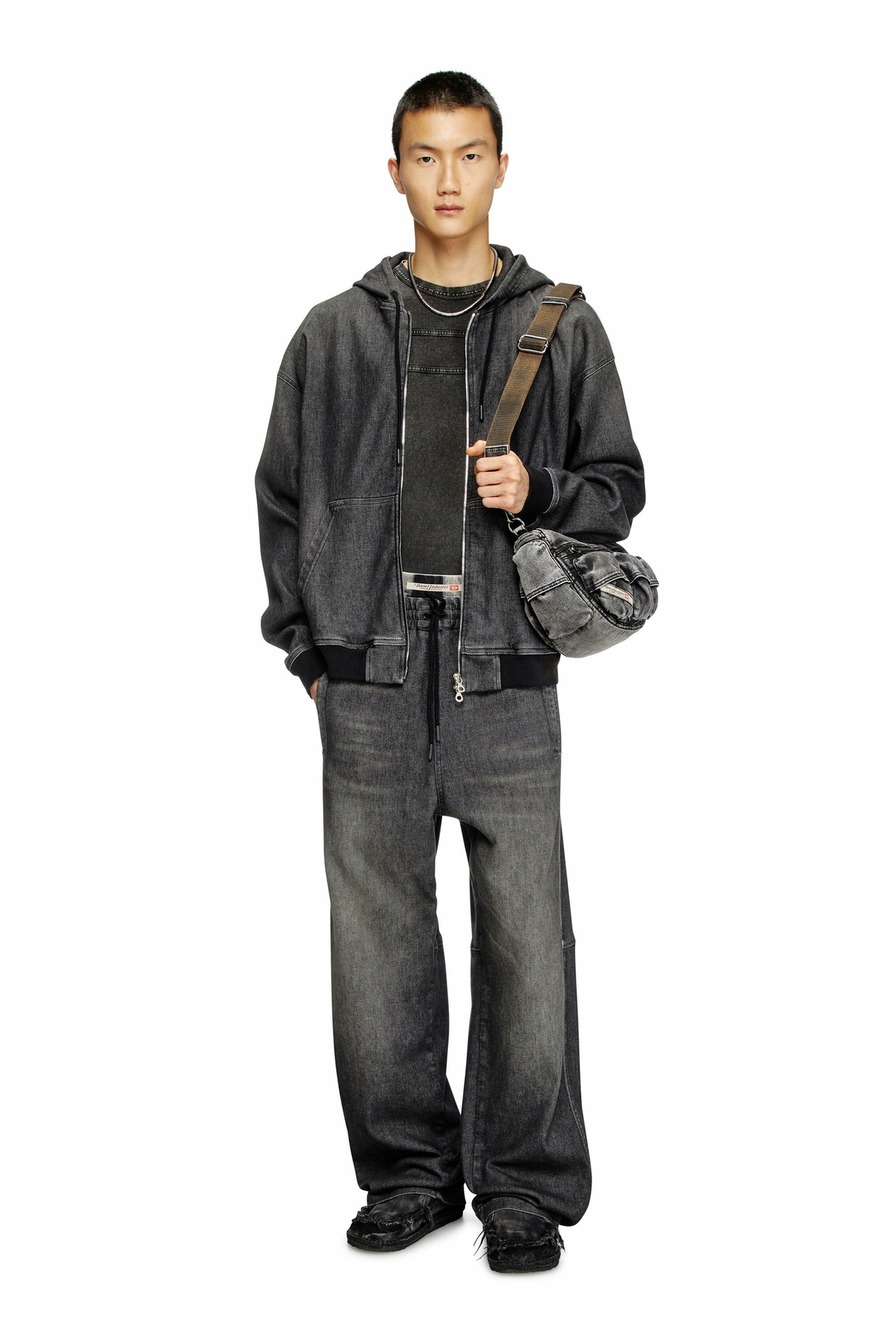Diesel Zipped hoodie in dirt-effect Track Denim - Sweaters - Unisex - Black