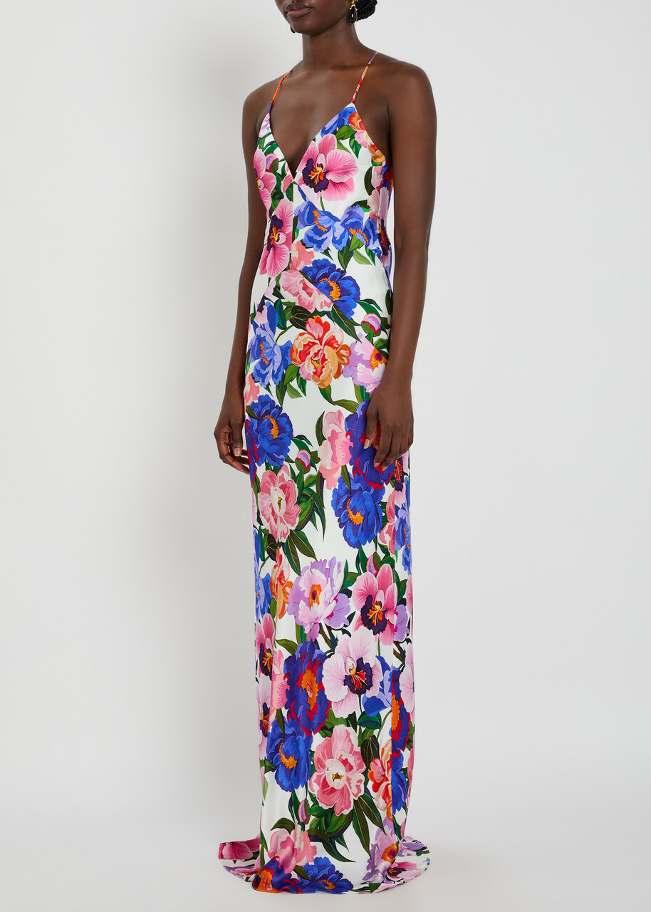 Borgo DE Nor Olive Floral-print Satin Maxi Dress Multicoloured