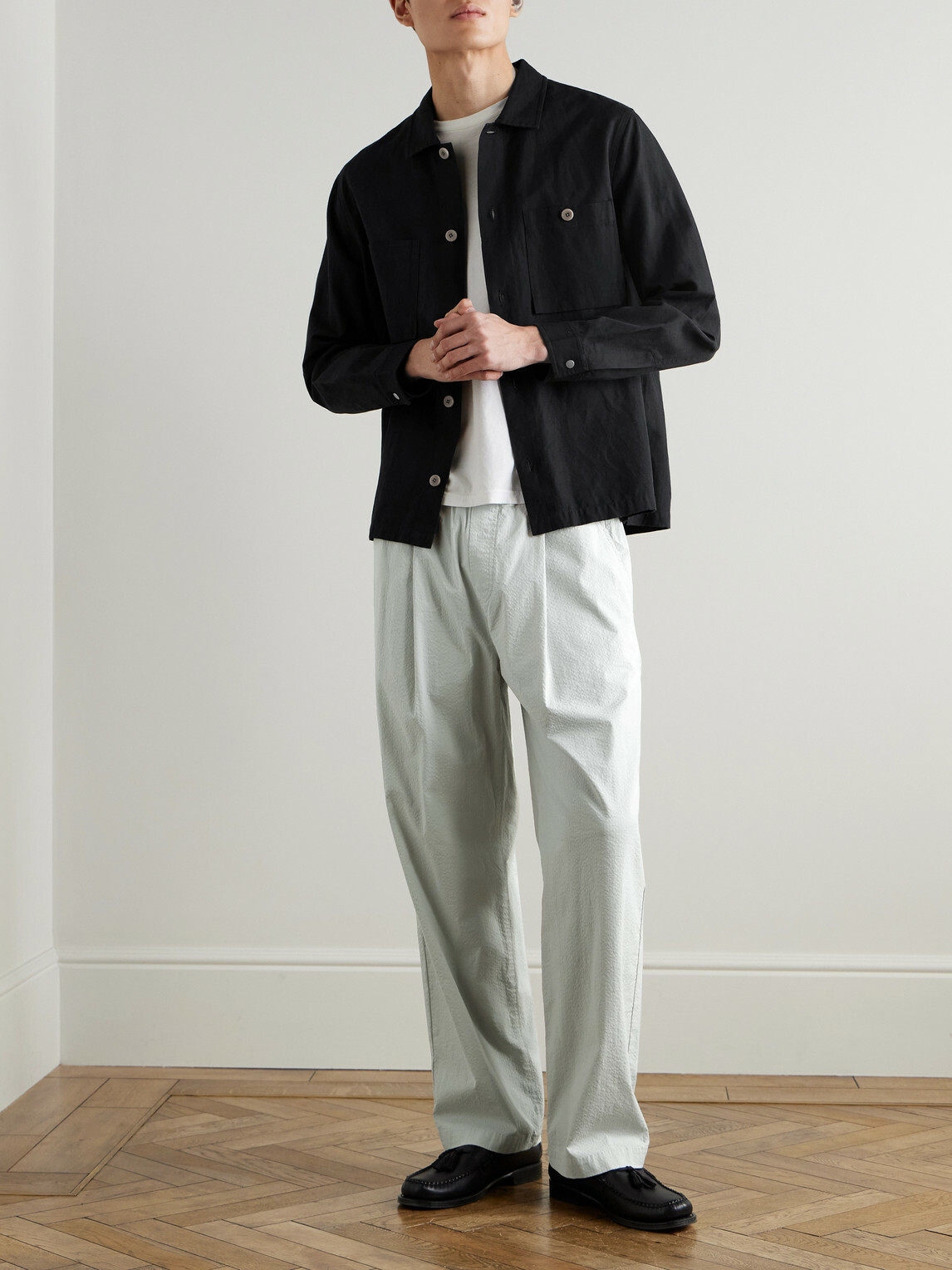 Folk - Straight-Pleated Cotton-Blend Seersucker Trousers - Gray