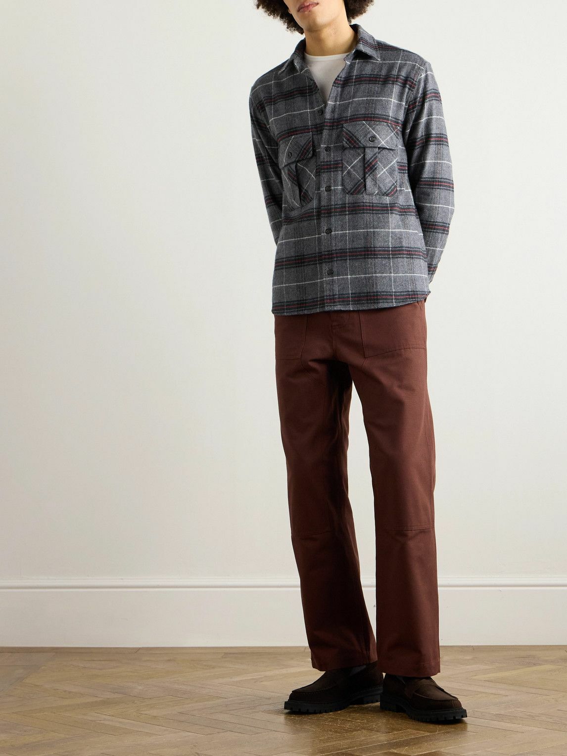 MILES LEON - Field Checked Brushed Herringbone Cotton-Flannel Shirt - Gray