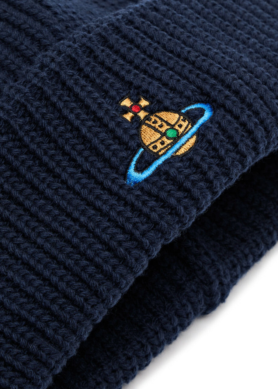 Vivienne Westwood Orb-embroidered Ribbed Wool Beanie - Navy - One Size
