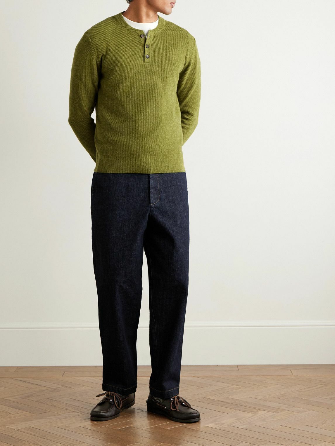 Incotex - Zanone Slim-Fit Ribbed Virgin Wool Henley Sweater - Green