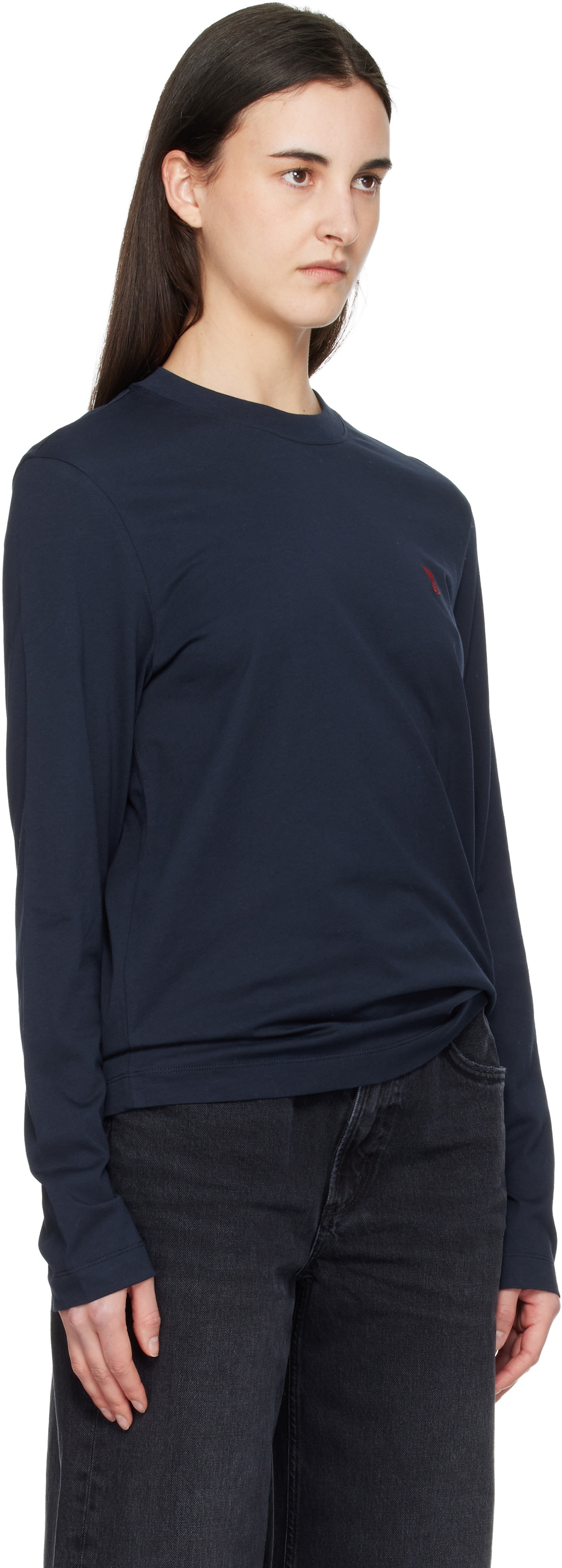 AMI Paris Navy Cotton Ami de Coeur Long Sleeves T-shirt