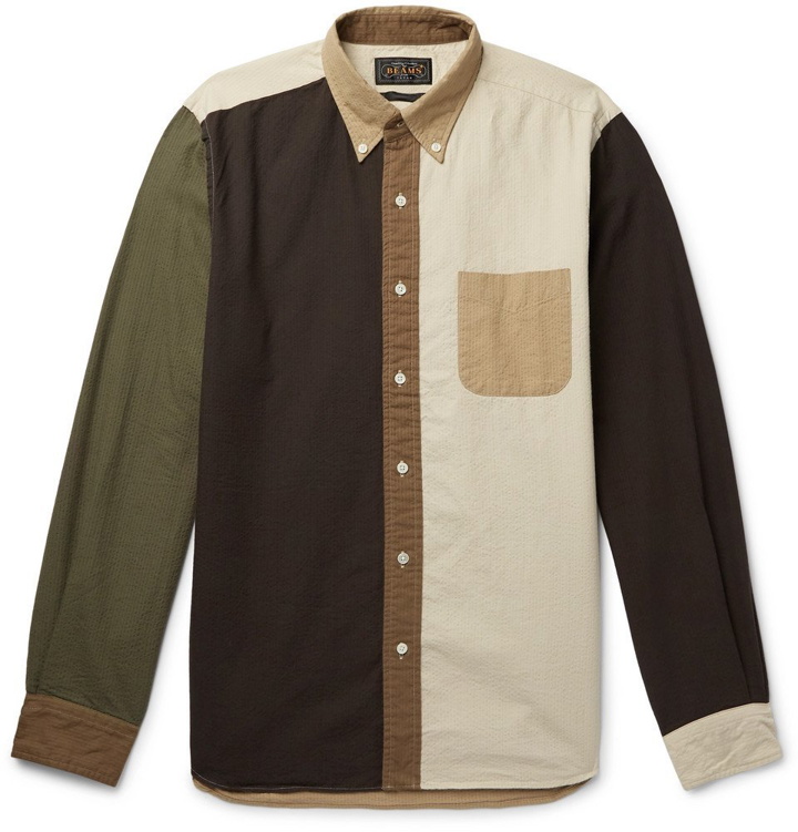 Photo: Beams Plus - Button-Down Collar Colour-Block Cotton-Seersucker Shirt - Brown