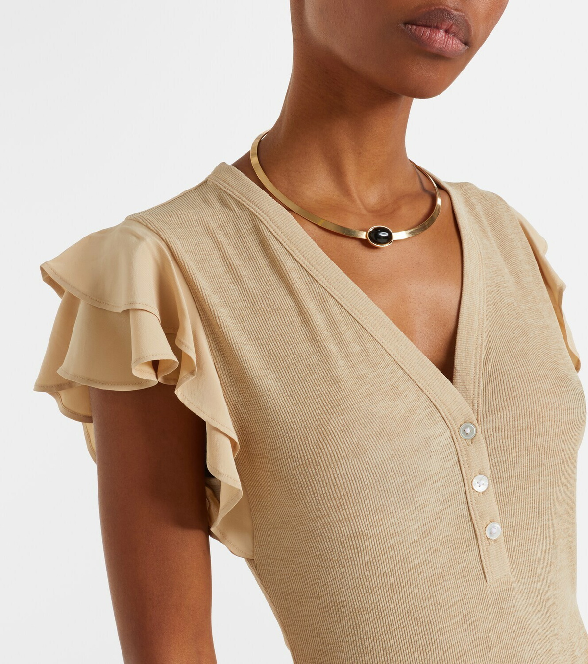 Veronica Beard Aphrodite ribbed-knit ruffled top