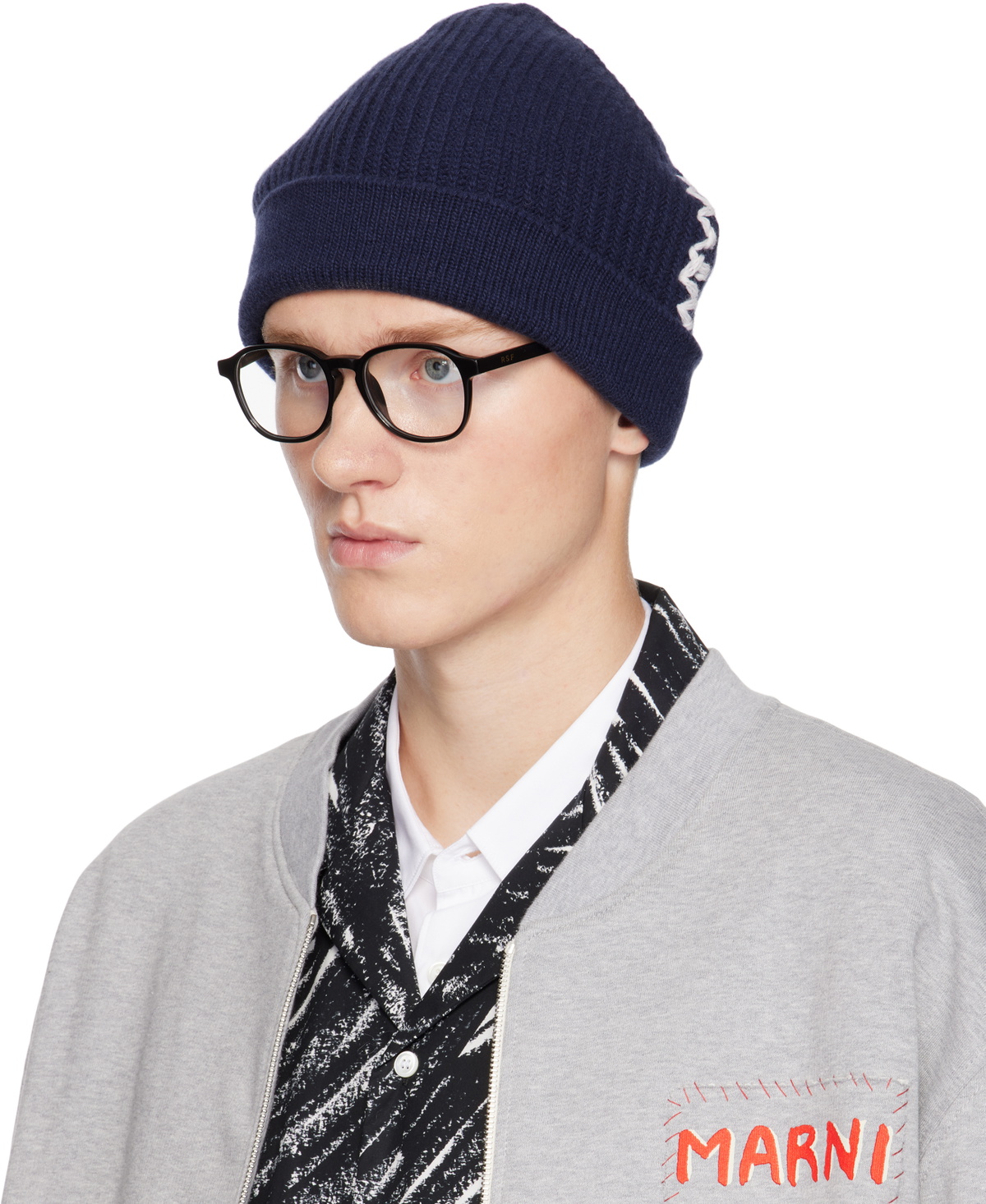 Marni Navy Mending Logo Beanie