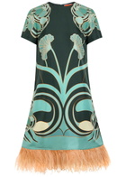 LA Double J Swing Feather-embellished Silk Midi Dress Blue