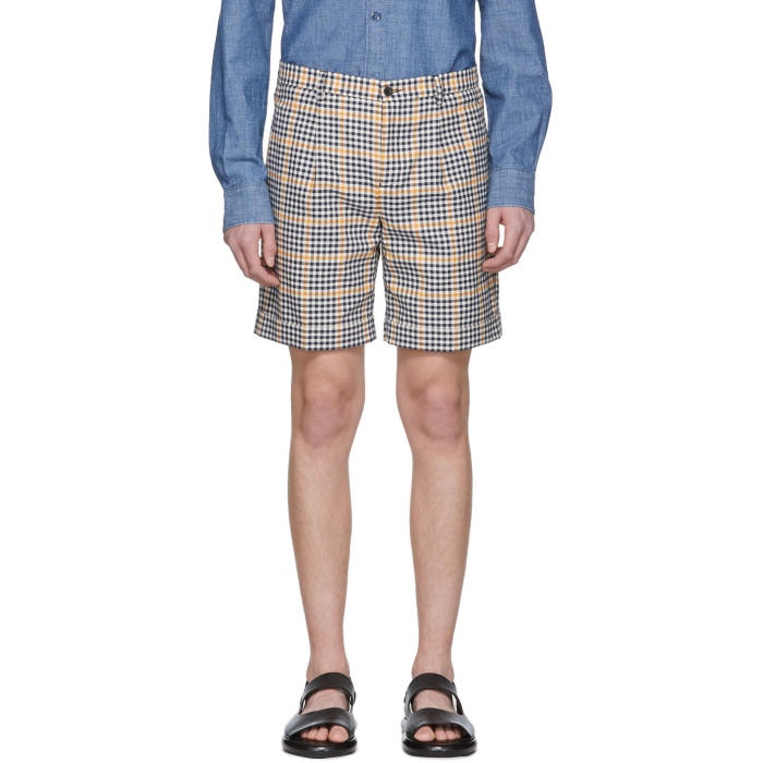 Photo: Éditions M.R  Navy and Yellow Check Pleated Shorts 