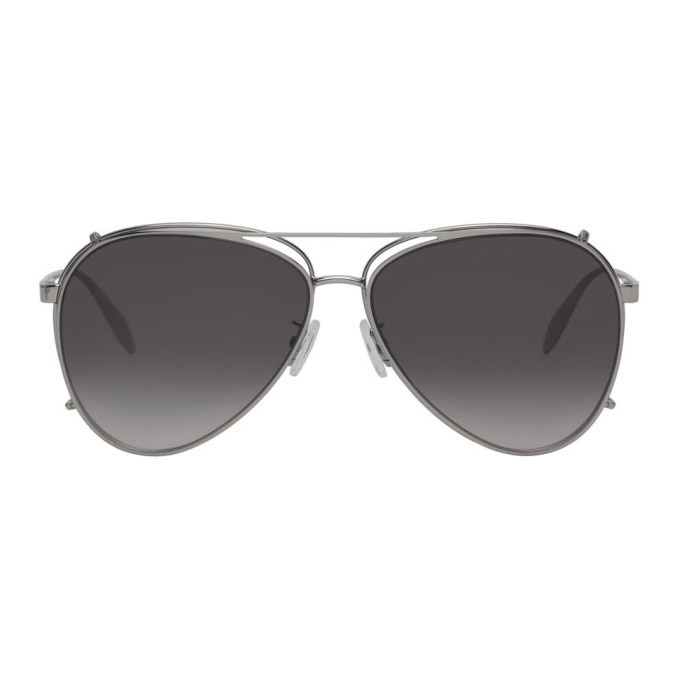 Photo: Alexander McQueen Silver Aviator Clip-On Sunglasses