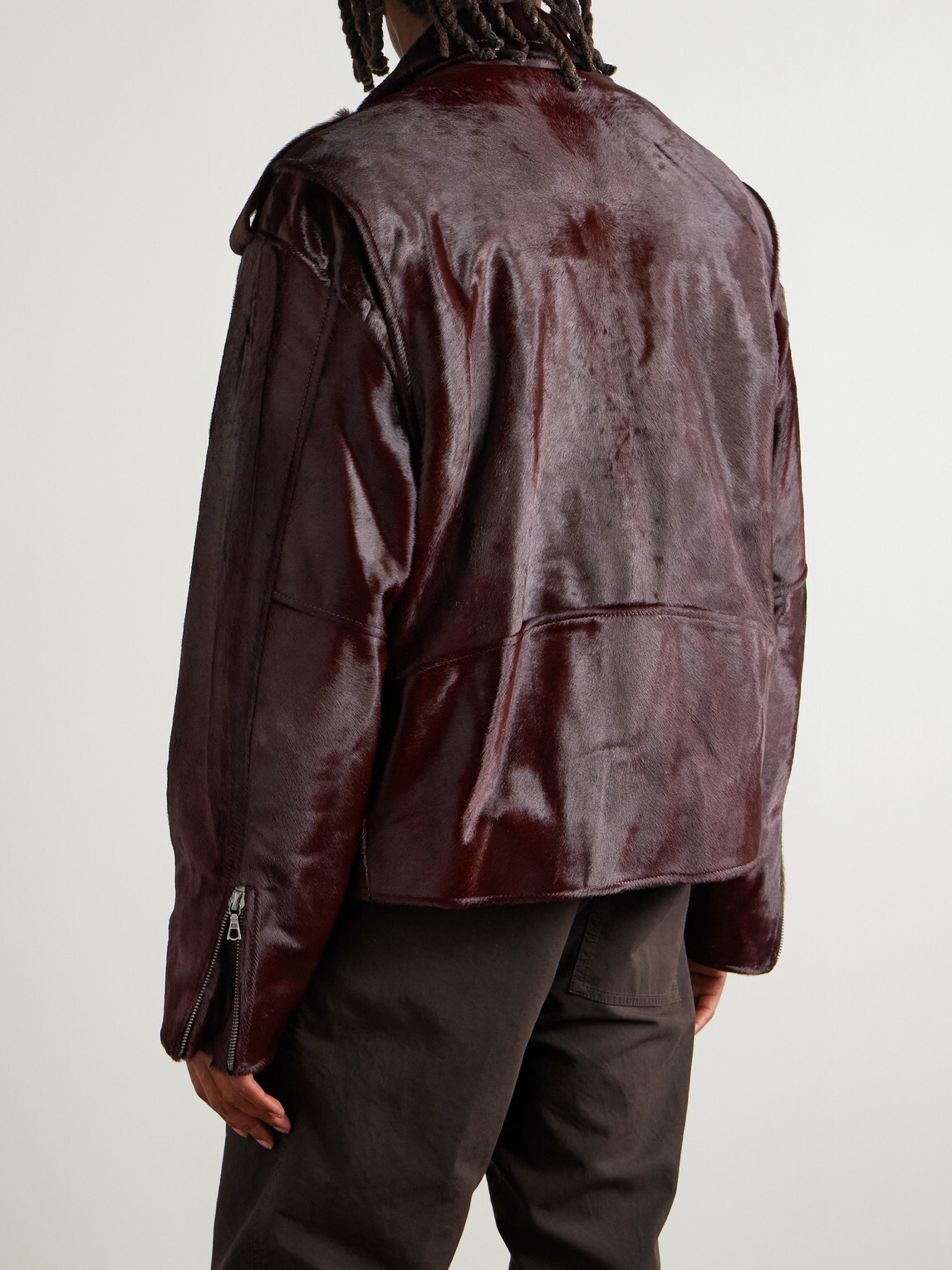 Dries Van Noten - Belted Calf Hair Biker Jacket - Burgundy