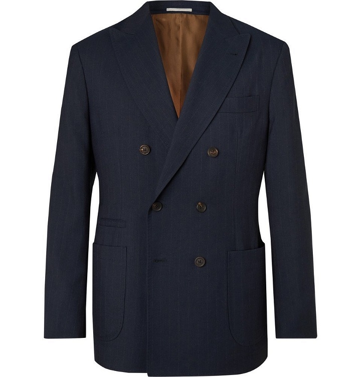 Photo: Brunello Cucinelli - Navy Double-Breasted Pinstriped Wool, Linen and Silk-Blend Suit Jacket - Navy