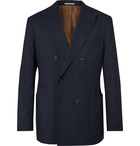 Brunello Cucinelli - Navy Double-Breasted Pinstriped Wool, Linen and Silk-Blend Suit Jacket - Navy