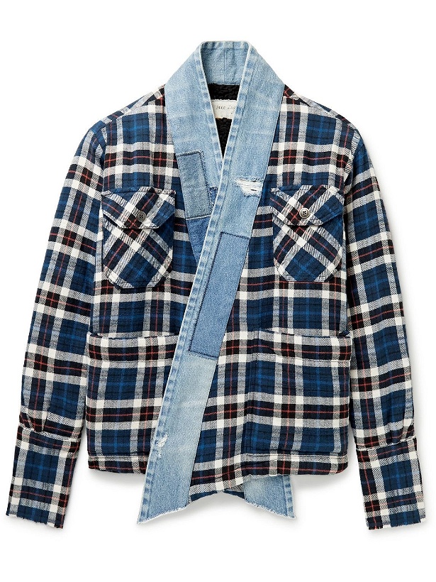 Photo: Greg Lauren - Sherpa-Lined Distressed Denim and Checked Cotton-Flannel Jacket - Blue