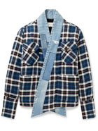 Greg Lauren - Sherpa-Lined Distressed Denim and Checked Cotton-Flannel Jacket - Blue