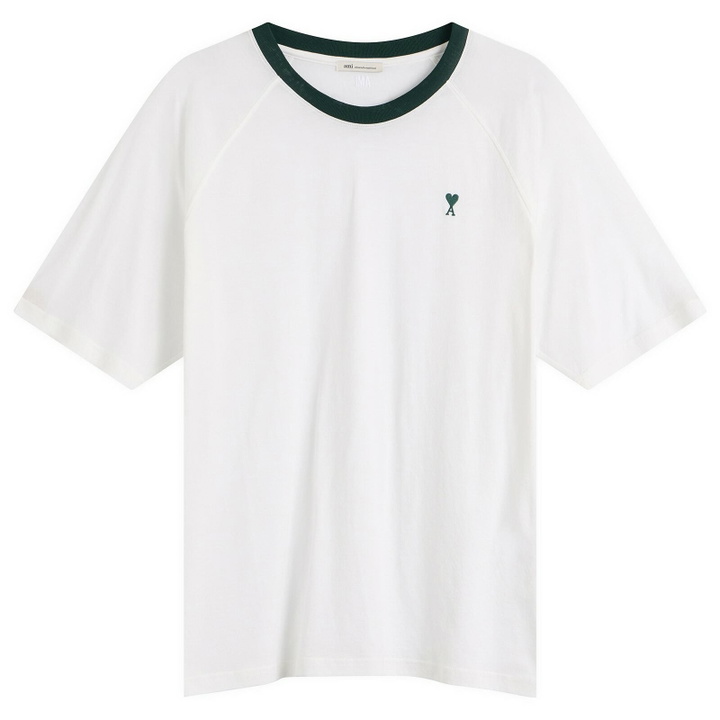 Photo: AMI Paris Men's Mercerised Jersey ADC T-Shirt in Blanc Naturel/Vert Sapin