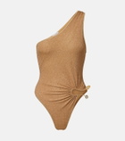 Oséree Embellished one-shoulder lamé swimsuit