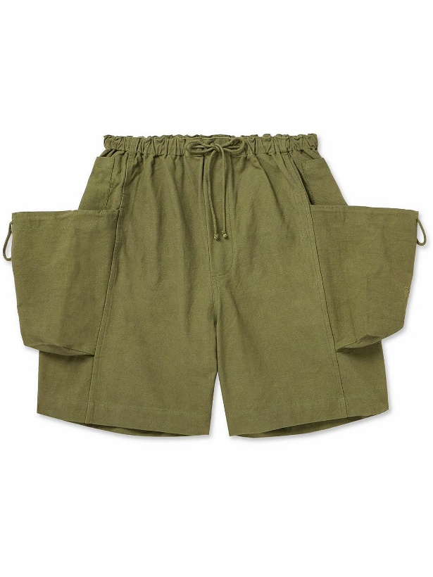 Photo: Story Mfg. - Salt Wide-Leg Embroidered Slub Organic Cotton Drawstring Shorts - Green