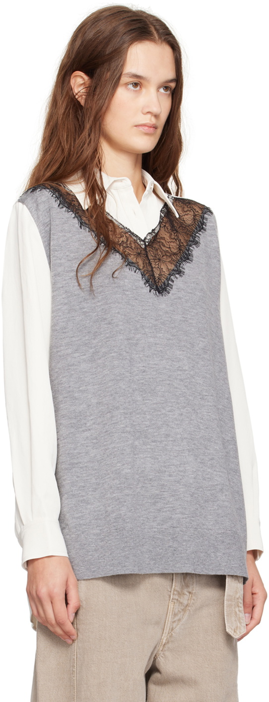3.1 Phillip Lim Gray & Off-White Knit Combo Lace Long Sleeve Shirt