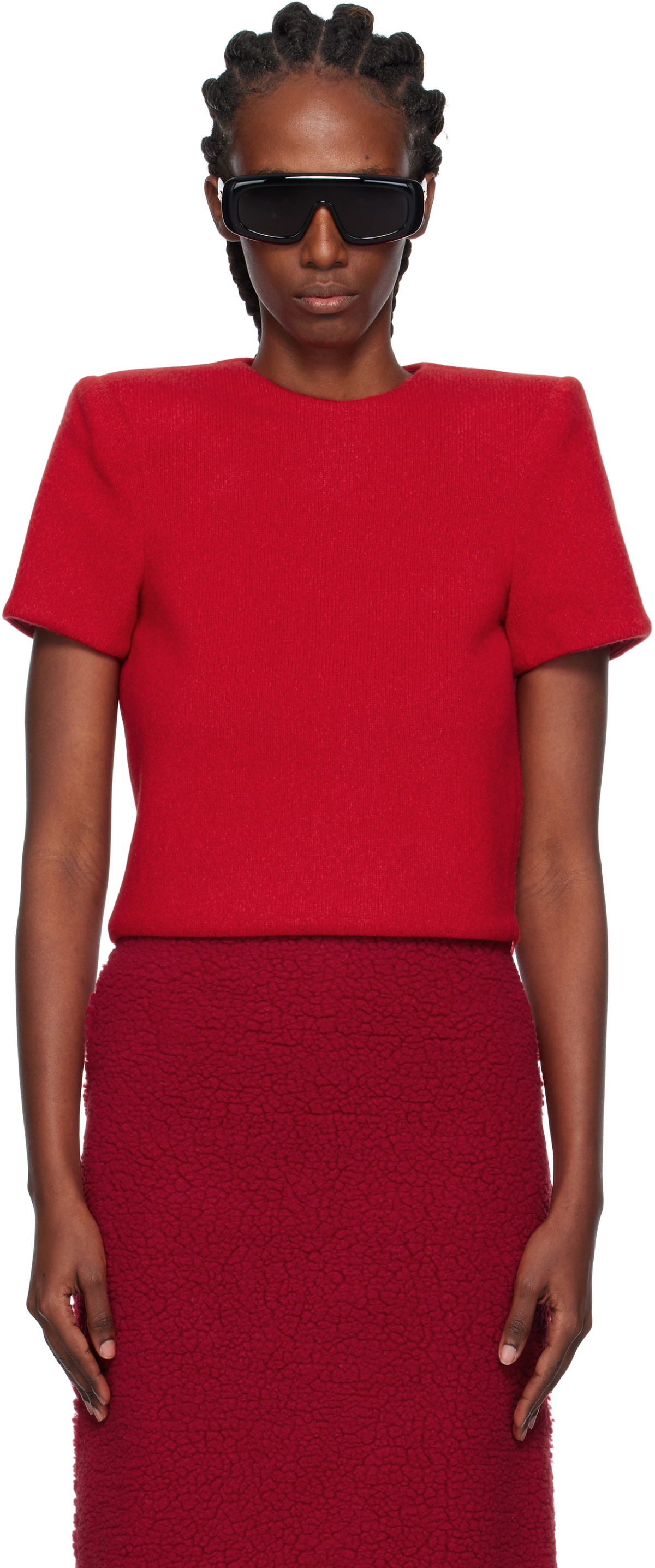 Pushbutton Red Curvy Shoulder Knitted T-shirt