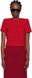 Pushbutton Red Curvy Shoulder Knitted T-shirt