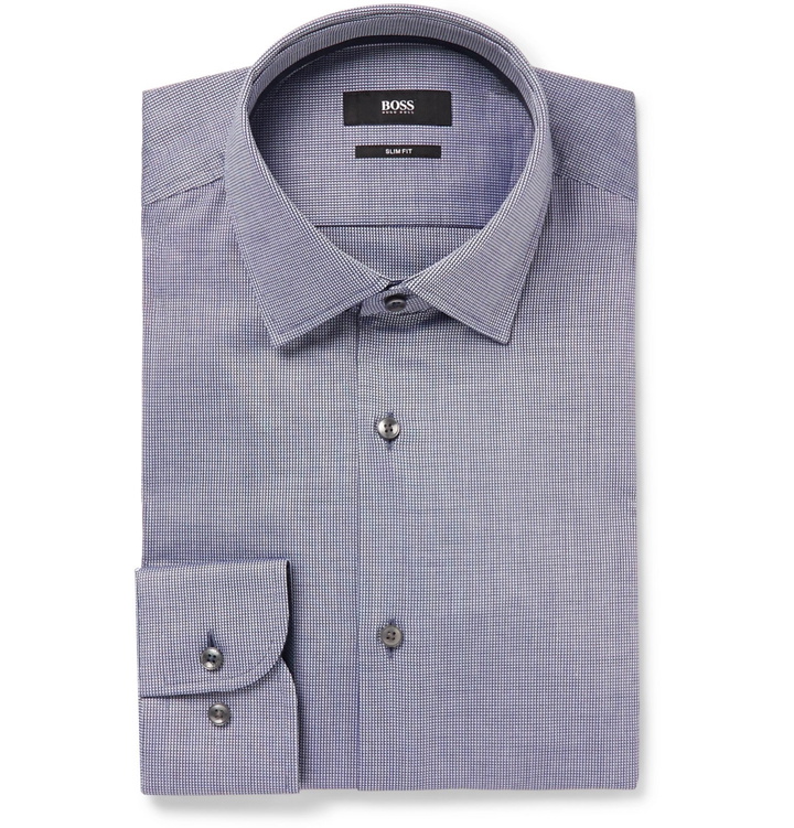 Photo: Hugo Boss - Navy Jesse Slim-Fit Jacquard-Trimmed Cotton-Poplin Shirt - Blue