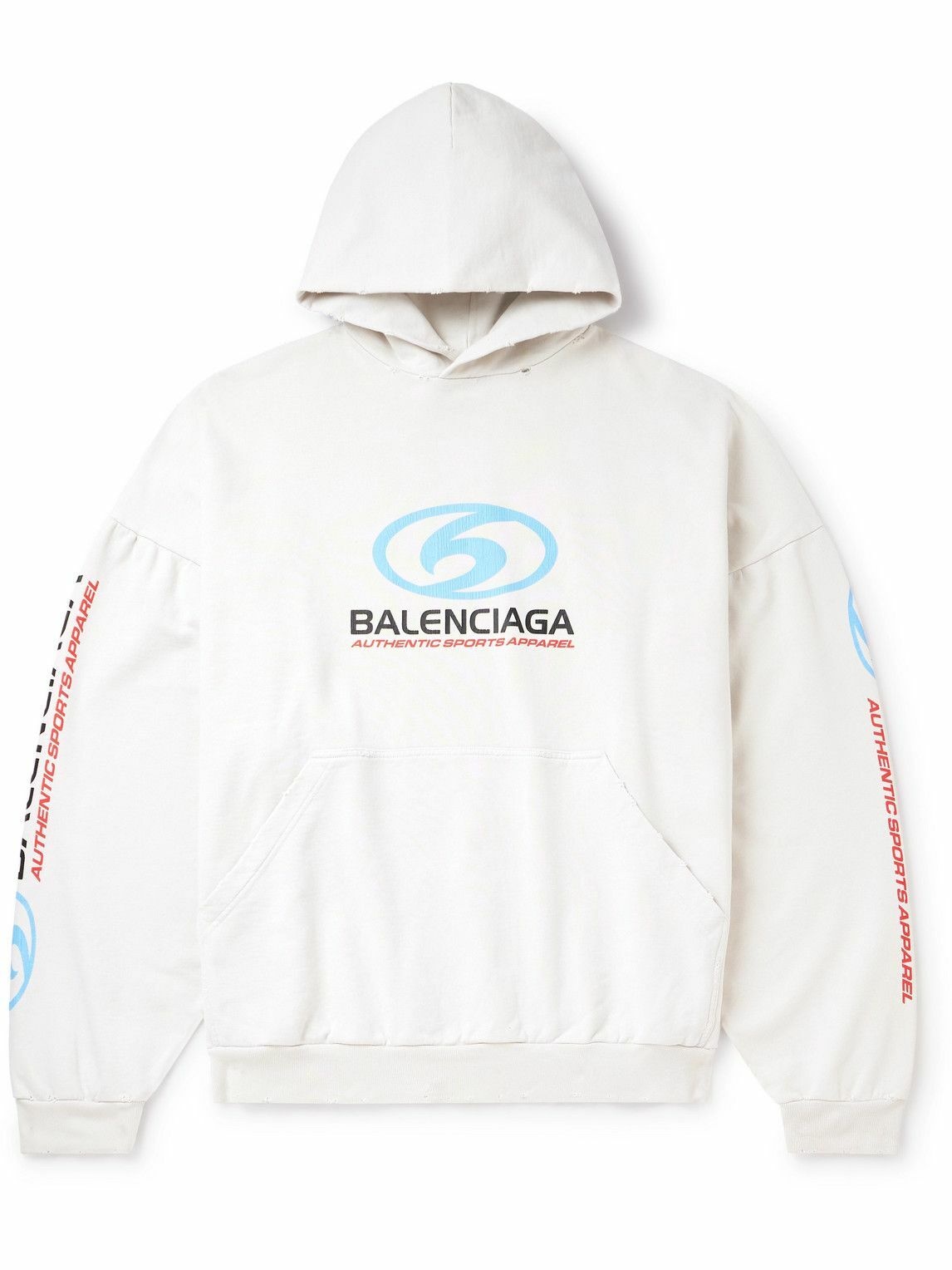 Photo: Balenciaga - Oversized Logo-Print Distressed Cotton-Jersey Hoodie - Neutrals