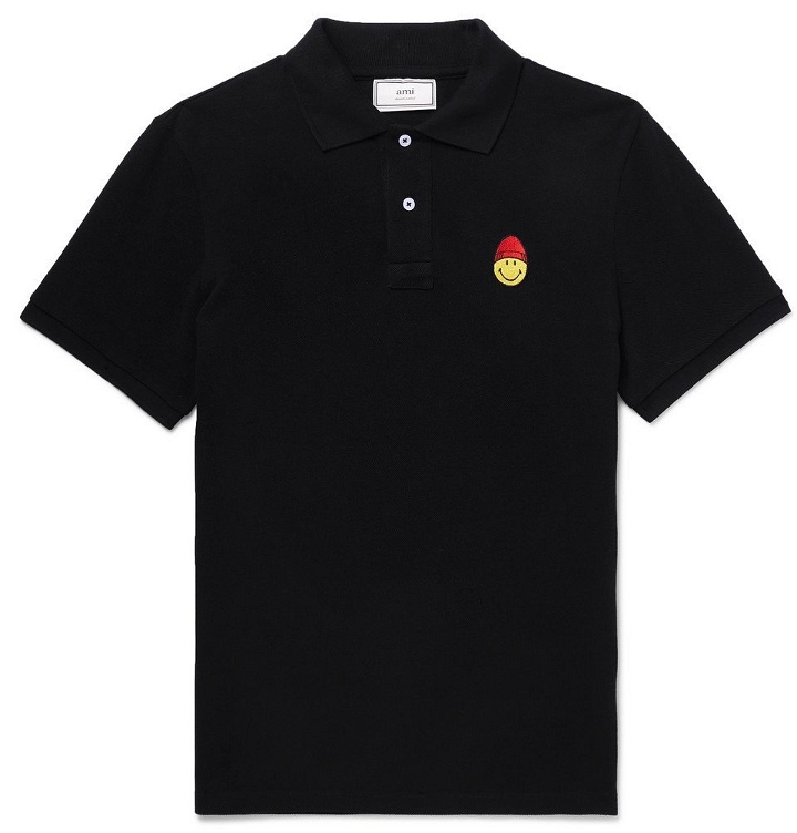 Photo: AMI - The Smiley Company Logo-Appliquéd Cotton-Pique Polo Shirt - Black