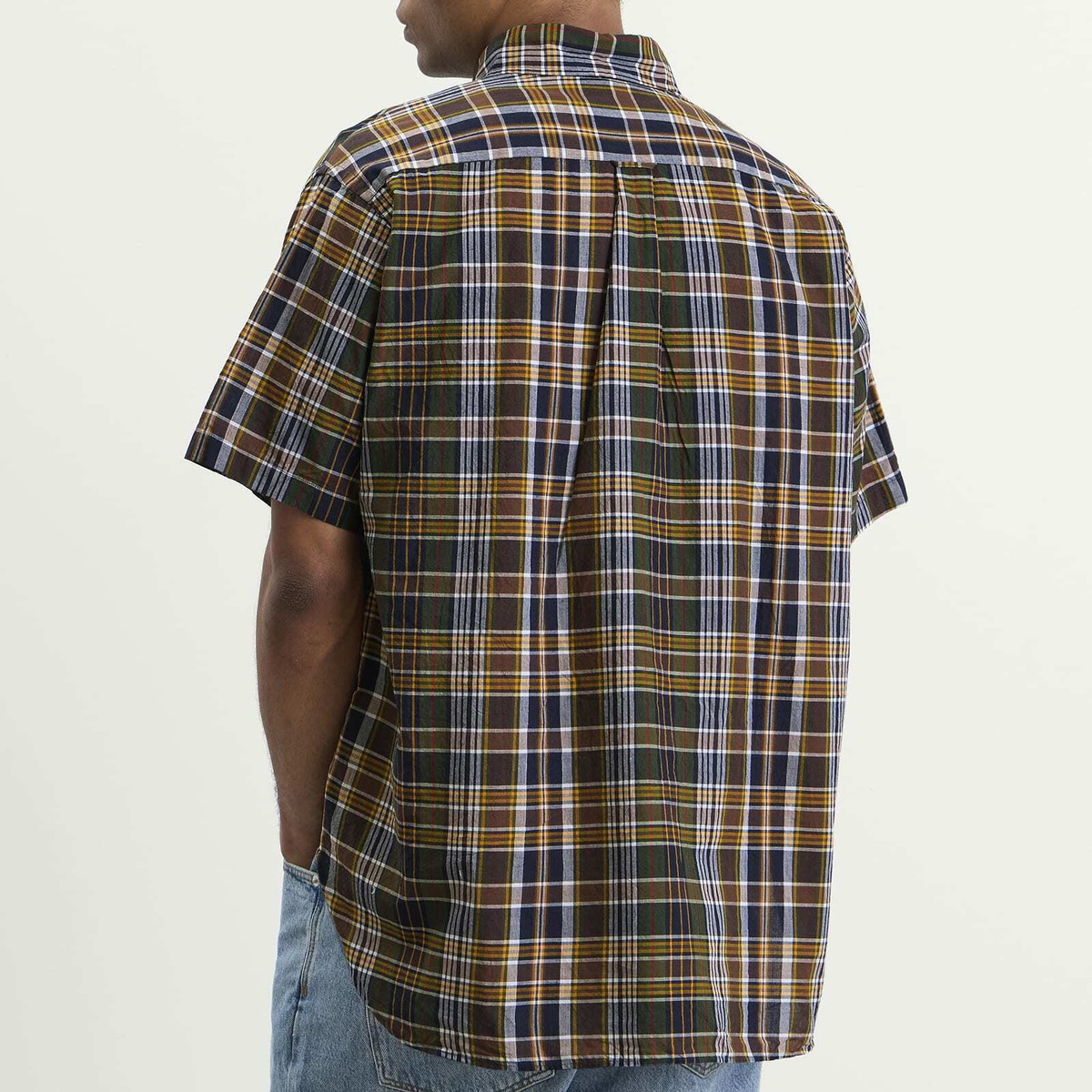 Beams Plus Men's Short Sleeve Button Down Madras Shirt in Brown
