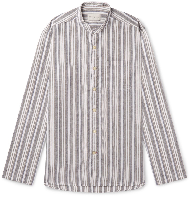 Photo: Oliver Spencer - Grandad-Collar Striped Cotton and Linen-Blend Shirt - Green